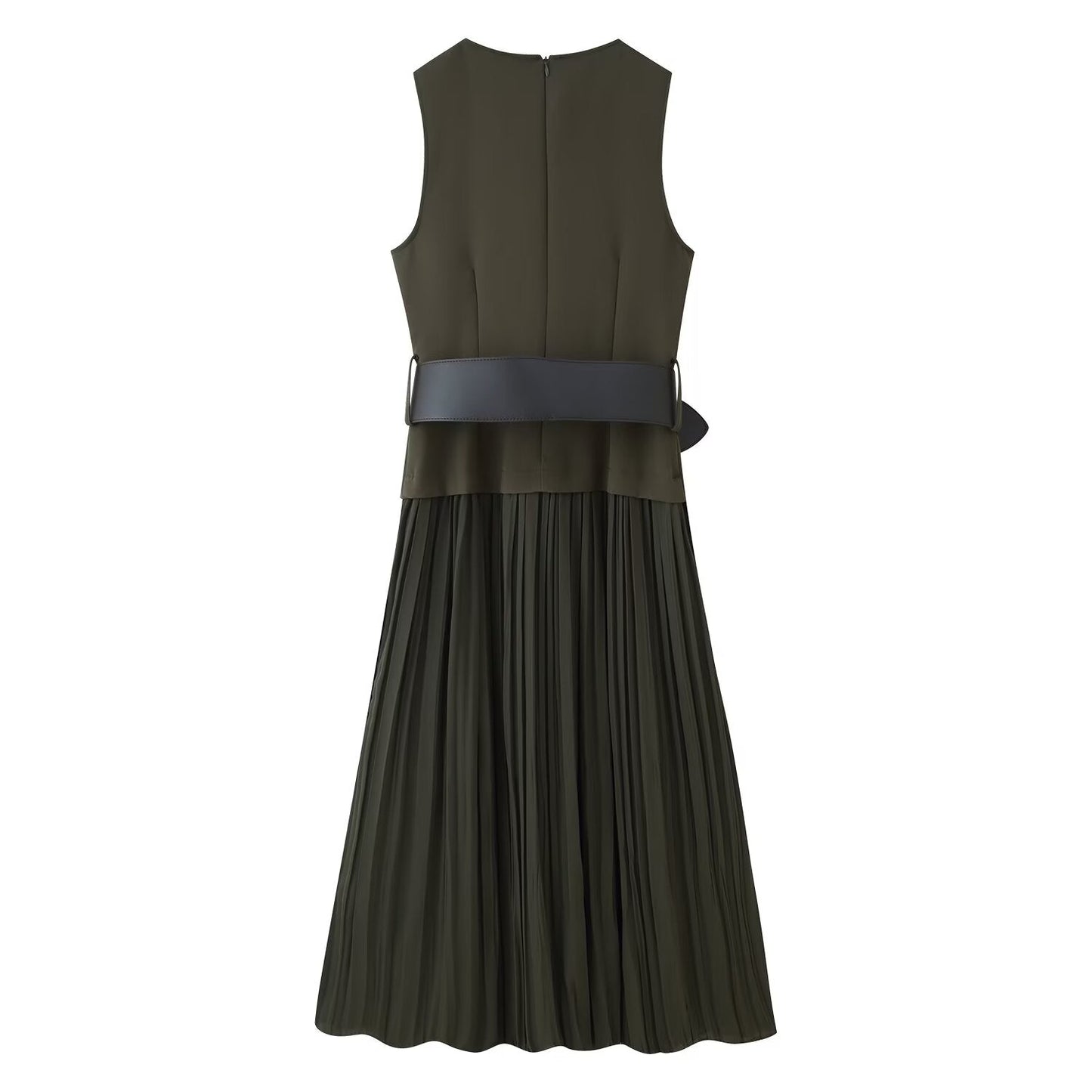 Women Clothing Autumn Lightly Mature with Belt Stitching Ruffle Midi Dress
