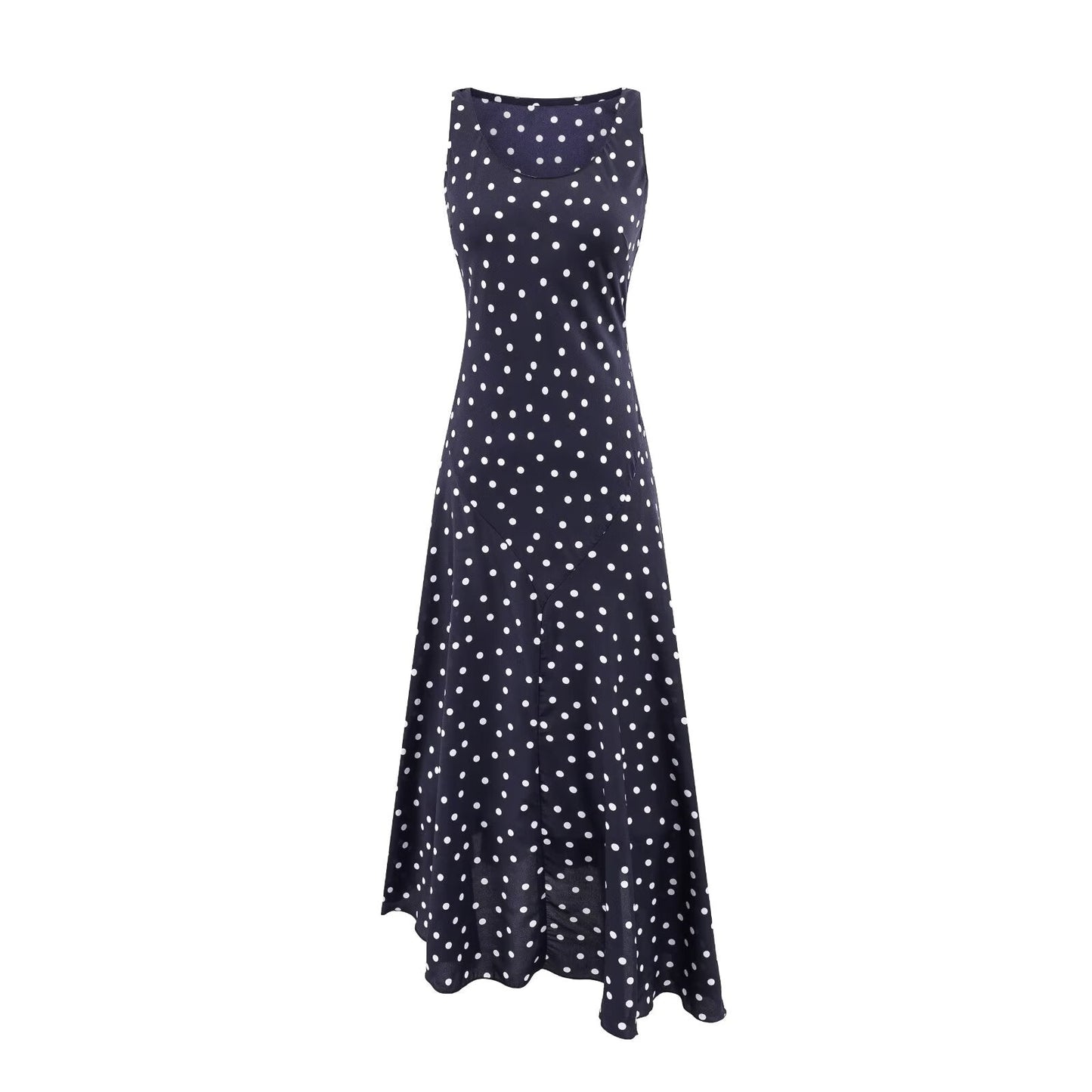 Mature Retro Square Collar Fitted Waist Polka Dots Dress Women Summer Sleeveless Slim Fitting Patchwork Irregular Asymmetric Polka Dot Maxi Dress