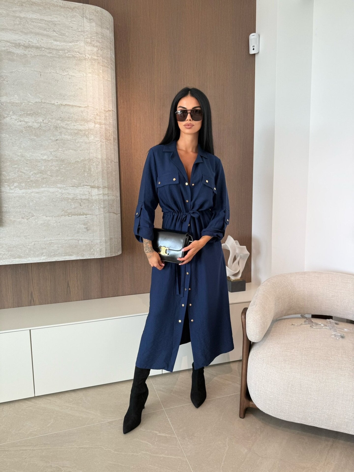 Women Clothing Spring Summer Popular Solid Color Long Sleeve Single Dress