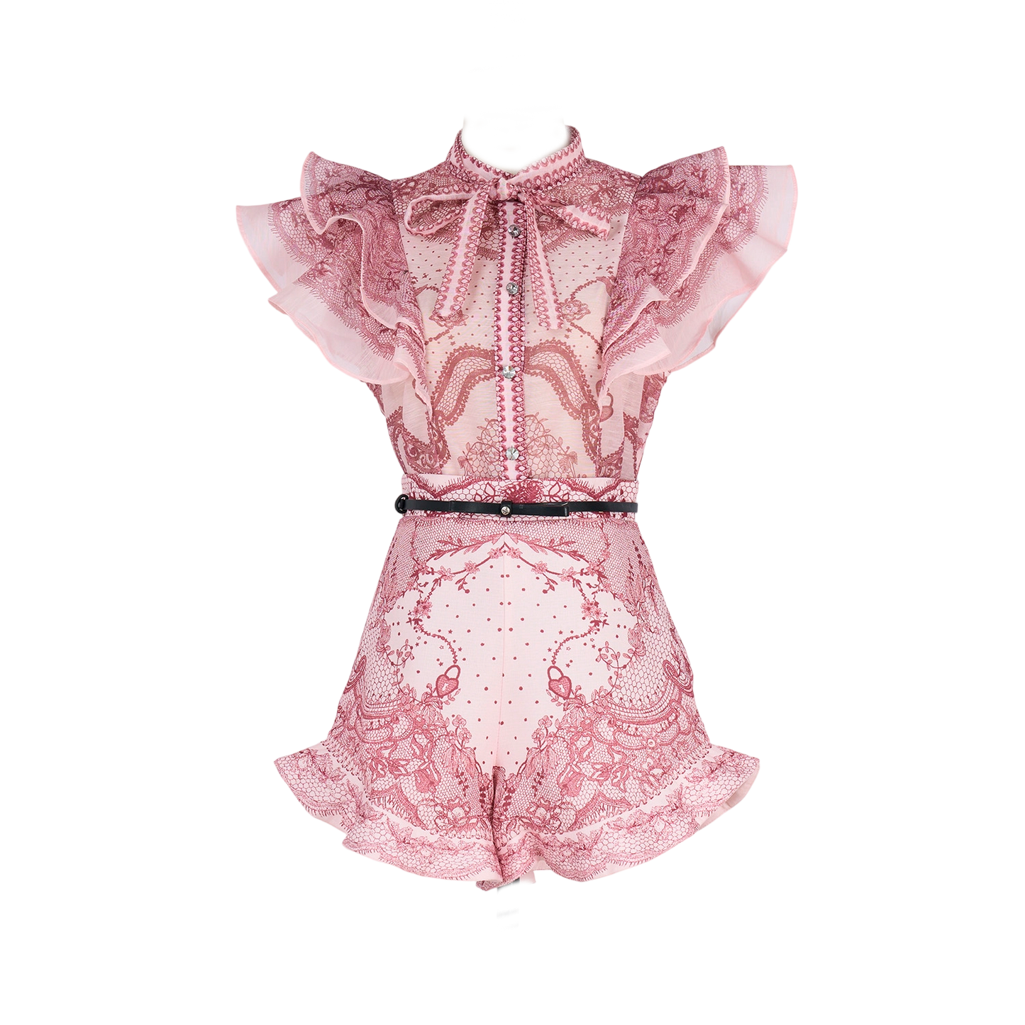 Women Court Style V Necked Frilled Hemline Diamond Buttoned Sleeveless Short Skirt Two Piece Sets