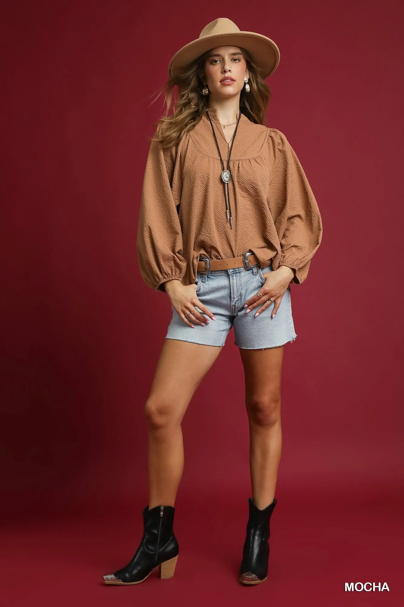 Umgee Textured Notched Blouse with Balloon Sleeves