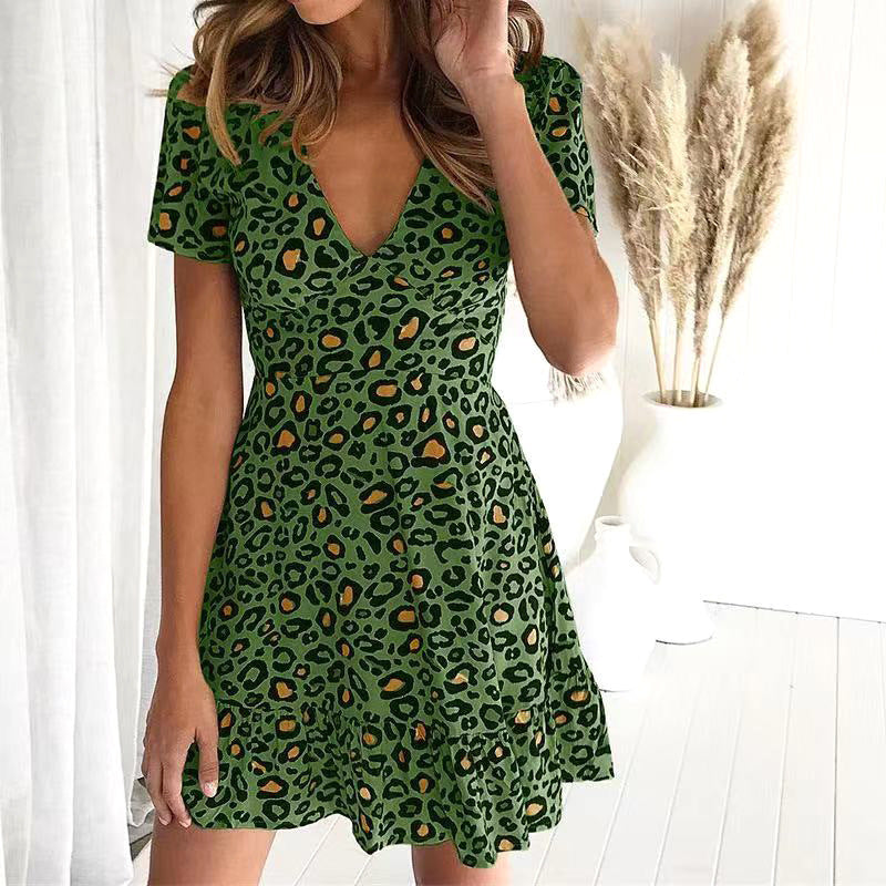 Summer Sexy V neck Mid Waist Short Dress Leopard Print Dress