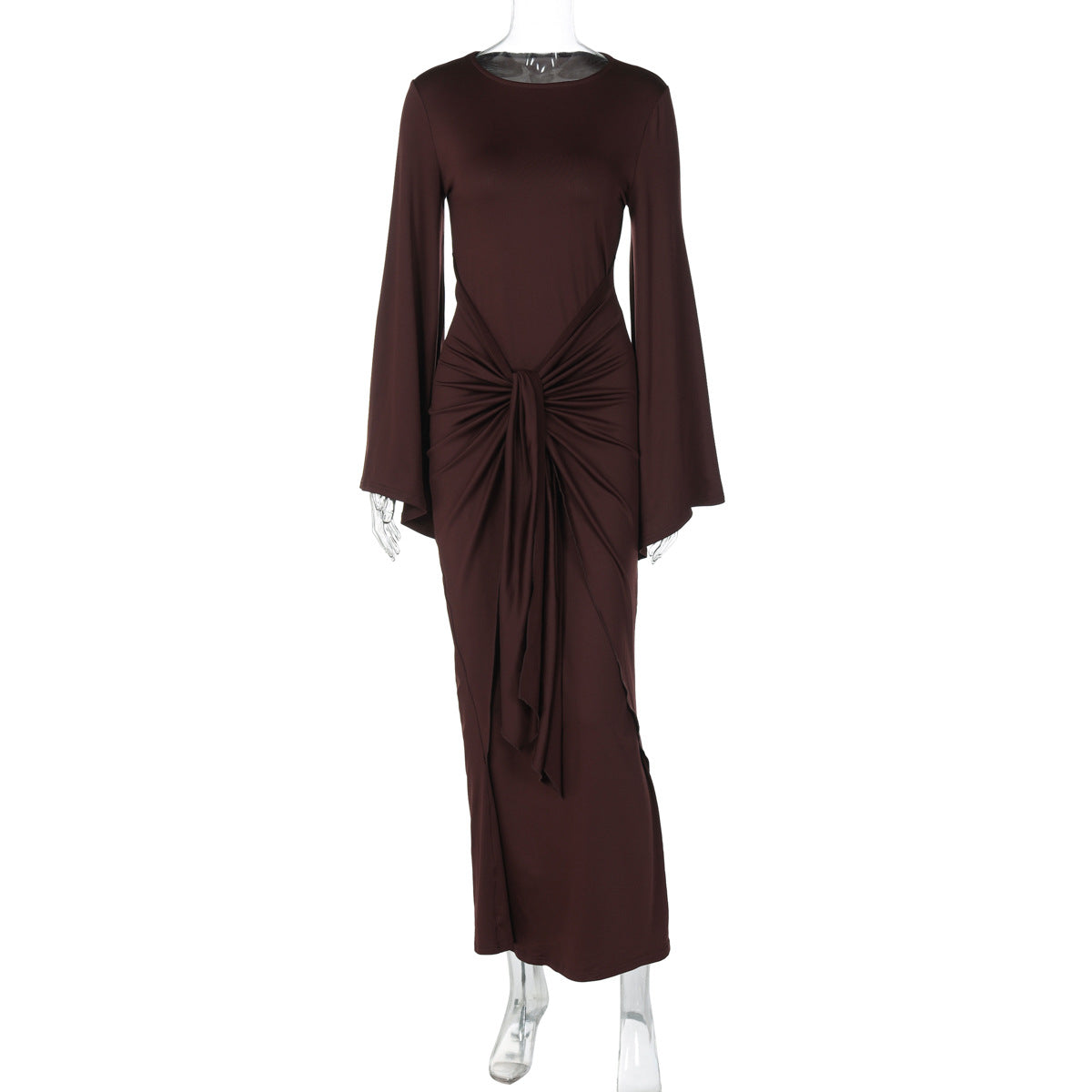 Women Clothing Autumn Pleated Waist Tight Lace up Long Sleeve Dress Women
