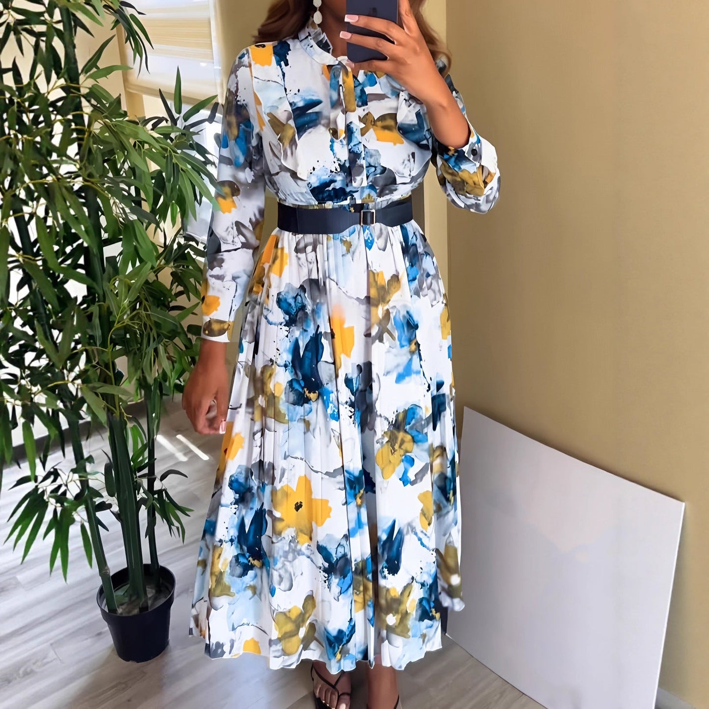 V neck Printed Waist-Controlled Casual Vacation Elegant Long Sleeve A line Dress (Without Belt)