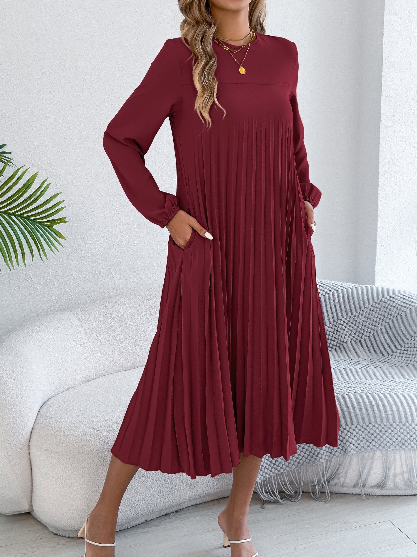 Women Clothing Spring Summer Casual Solid Color Long Sleeve Pocket Pleated Dress(Without Belt)