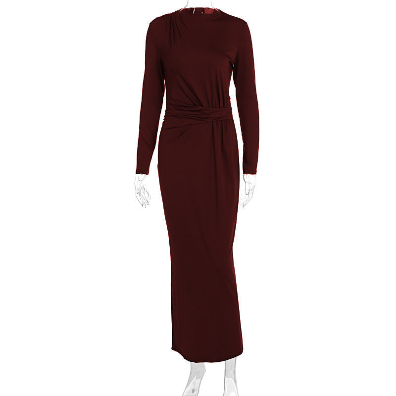 Autumn Women Long Sleeve Fitted Waist Pleated Slim Maxi Dress