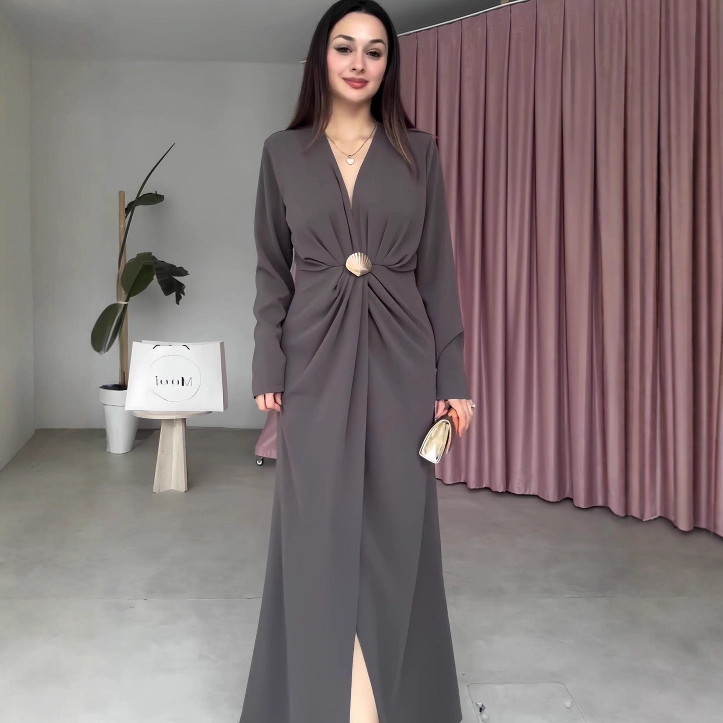 Fall V neck Long Sleeve Waist Controlled Pleated Women Dress