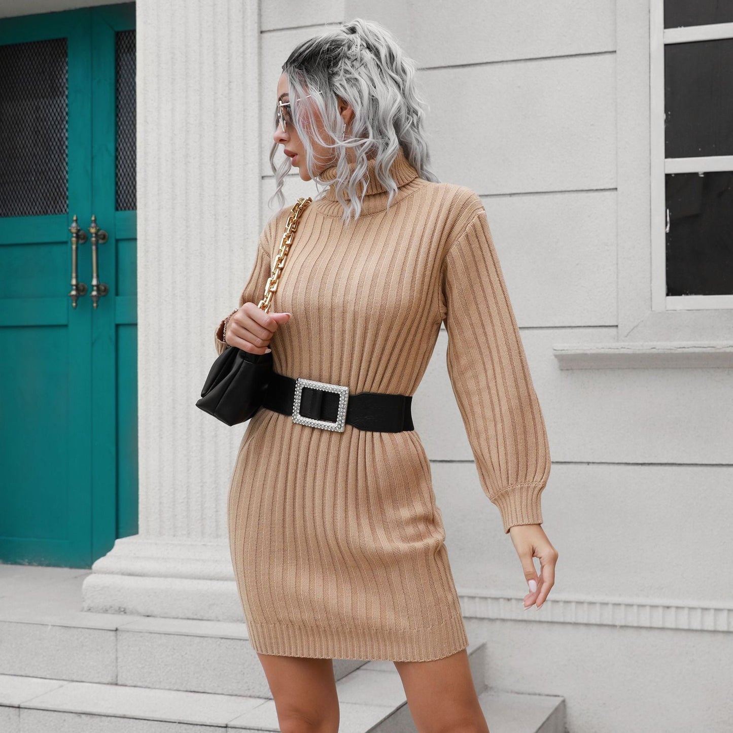 High Collar Sweater Dress Women Knitted Short Dress Autumn Winter Women Clothing
