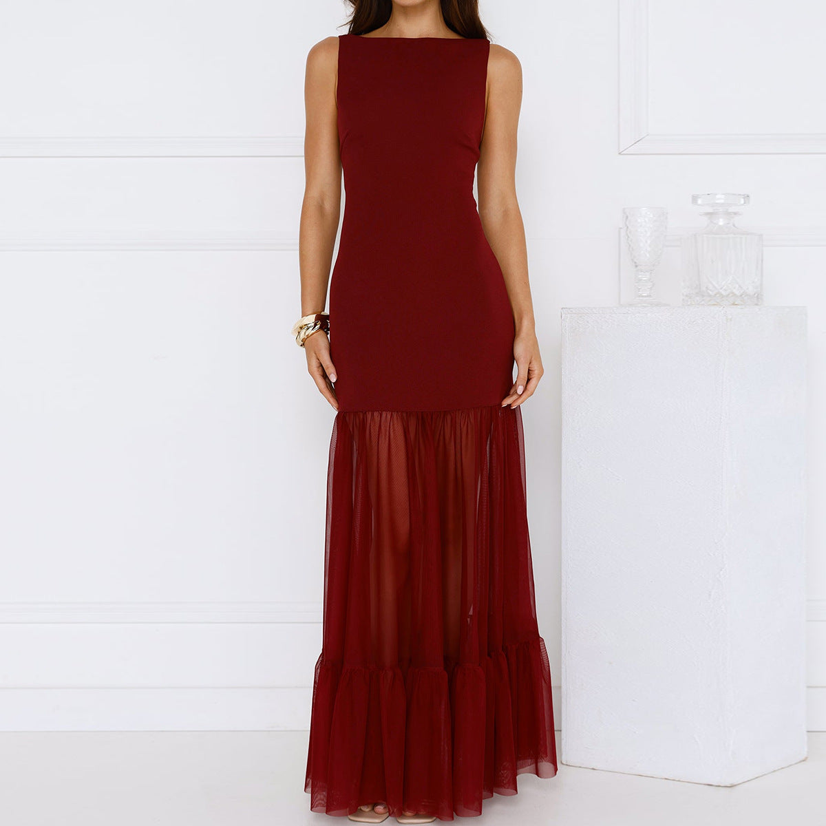 Summer Women Sleeveless Mesh Stitching Tight Sheath Transparent Backless Women Summer Dress