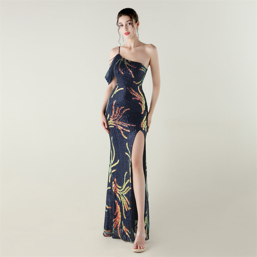 Sequin Mesh Craft Beaded Evening Dress off the Shoulder High Slit Fishtail Dress Swing Cocktail Social Socialite