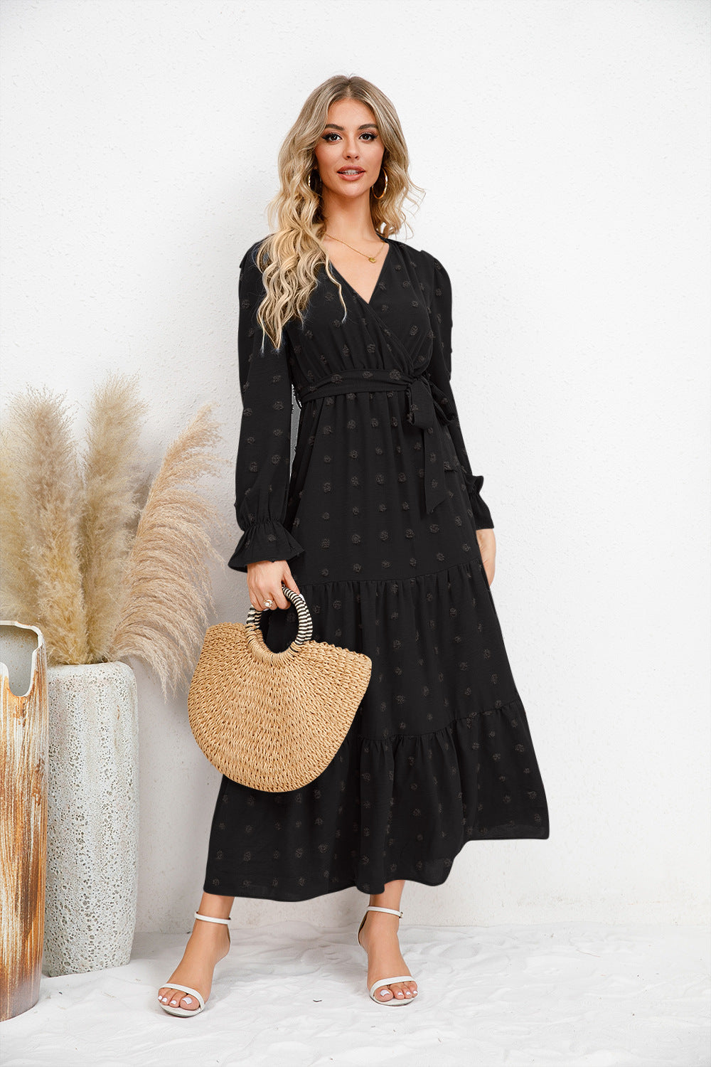 Autumn Winter Solid Color Wide Hem Casual Dress Women Clothing Maxi Dress
