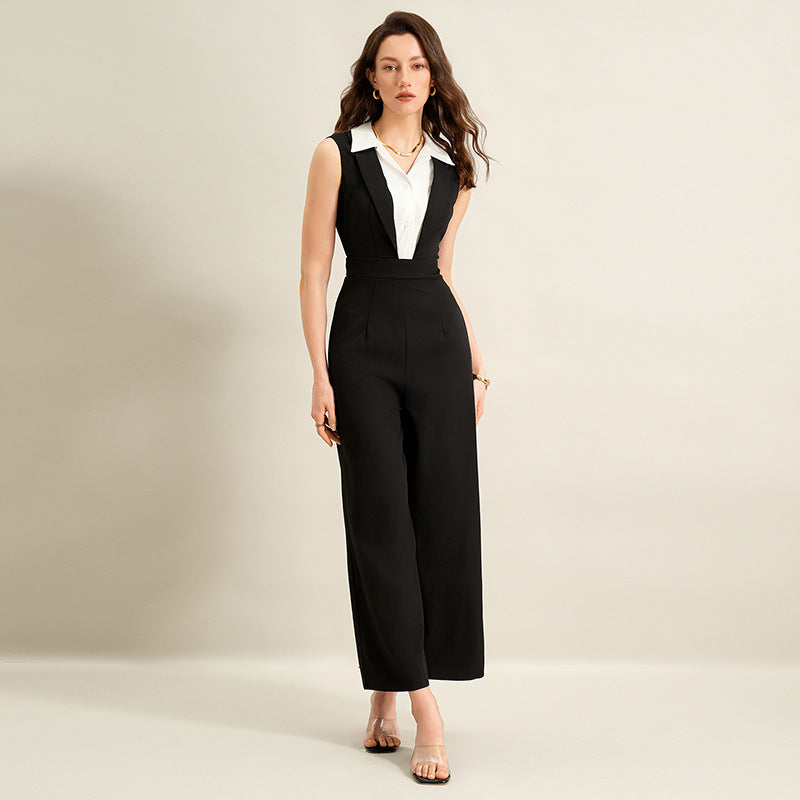 Summer Faux Two Piece Black White Color Stitching Turnover Neck Sleeveless Jumpsuit for Women(Without belt)