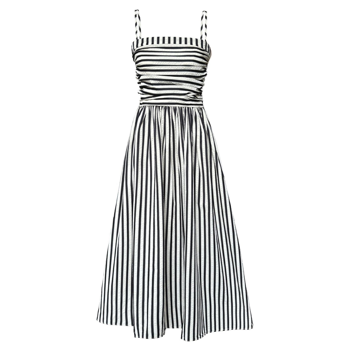 French Striped Bandeau Sling Dress Women High Grade off the Shoulder Pleated Waist Tight A line Long Summer