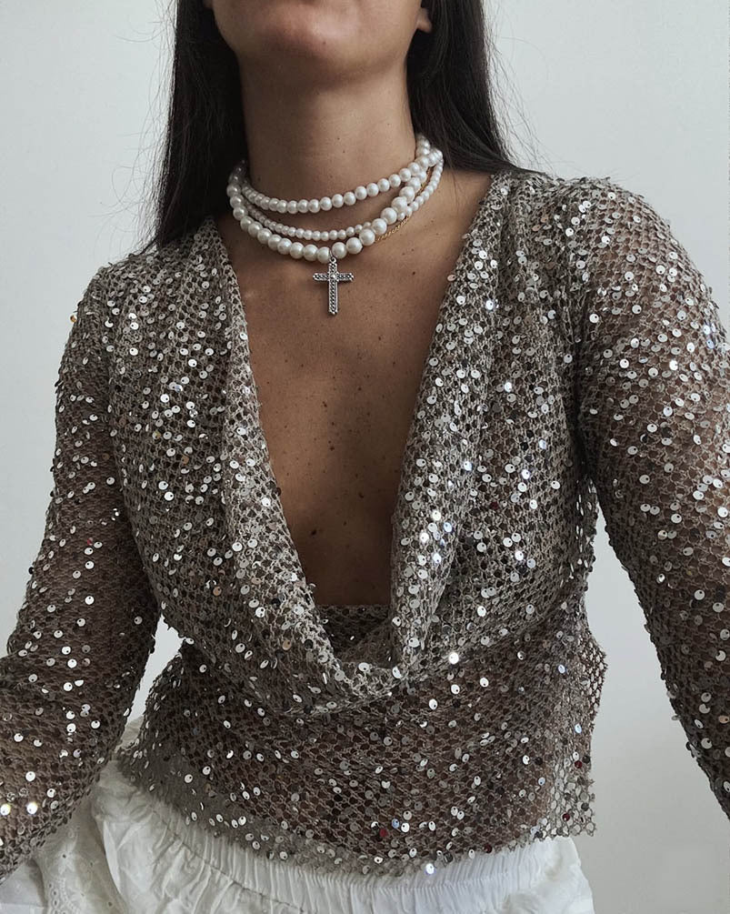 Autumn Winter Sequin Fishnet Sexy Two Way Wearing Long Sleeved Top