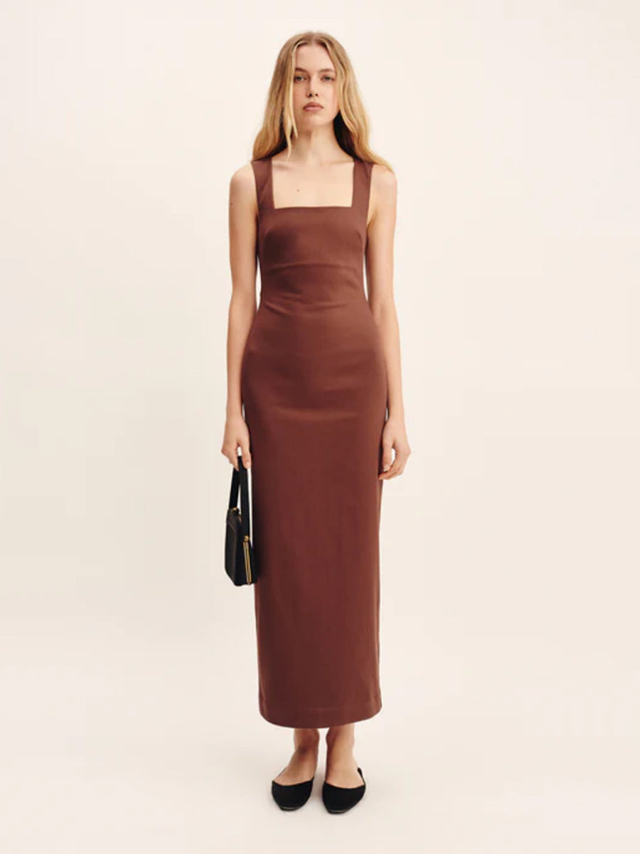 Simple Solid Color Square Collar Sling Dress Summer Slim Cotton Linen Maxi Dress
