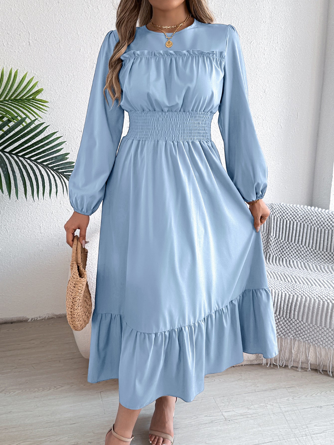 Autumn Winter Solid Color Elegant Wooden Ear Cinched Pleated Maxi Dress Women Clothing