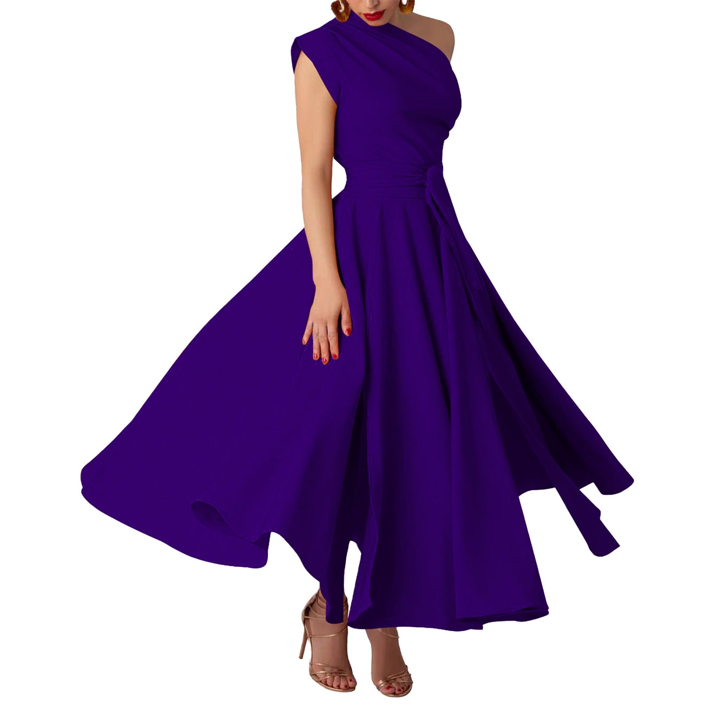 Summer Women Wear Sleeveless Diagonal Collar Solid Color Waist Tight Swing Dress