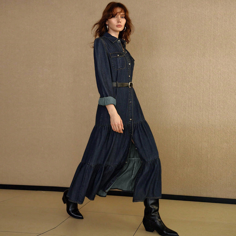 Women Clothing Denim Long Sleeve Breasted Waist Dress(Without Belt)