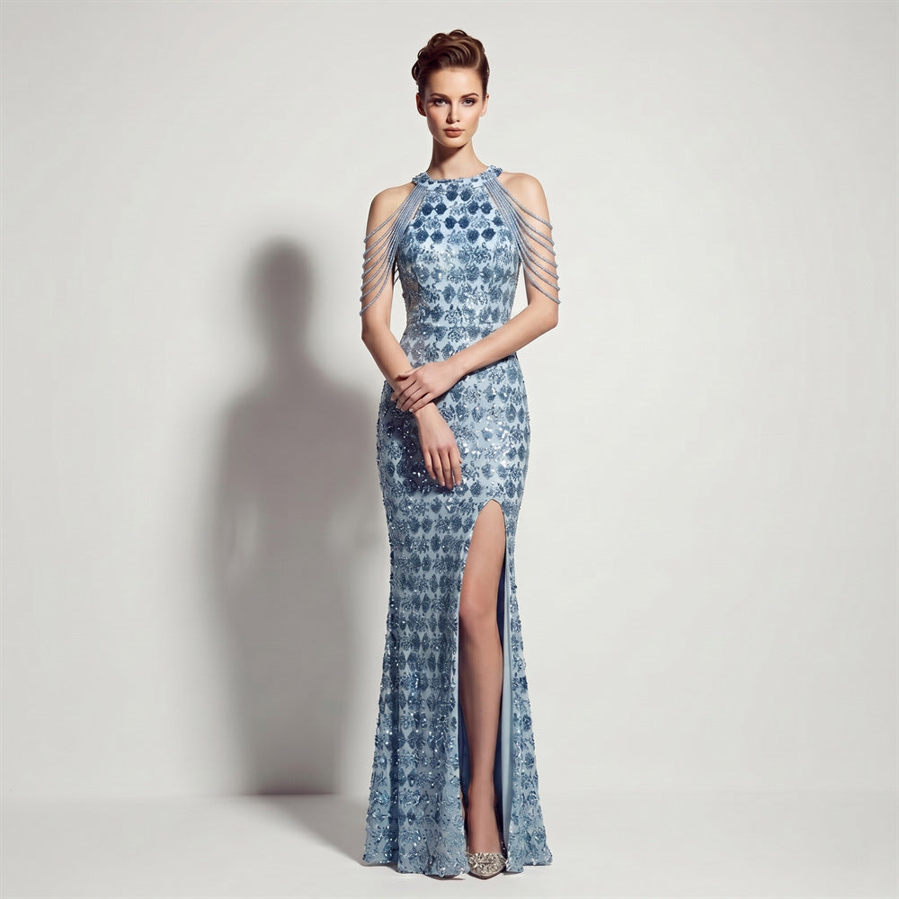 Evening Dress Sequ High Slit Tassel Shoulder Chain Cocktail Party Long Dress