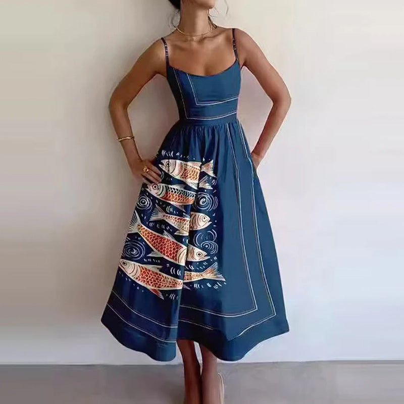 Spring Women Clothing Printing Pleated Waist Tight Large Swing Sling Dress