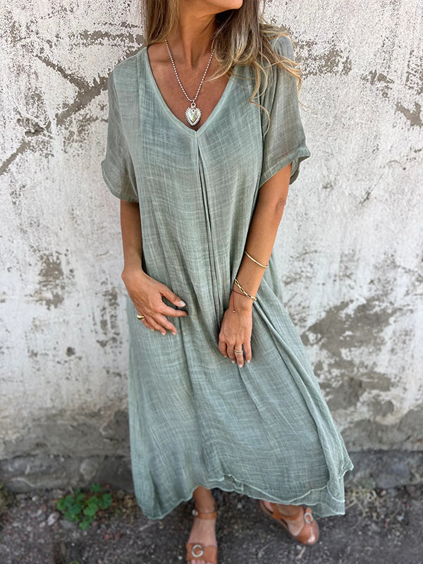 Cotton Linen V neck Semi Formal Dress