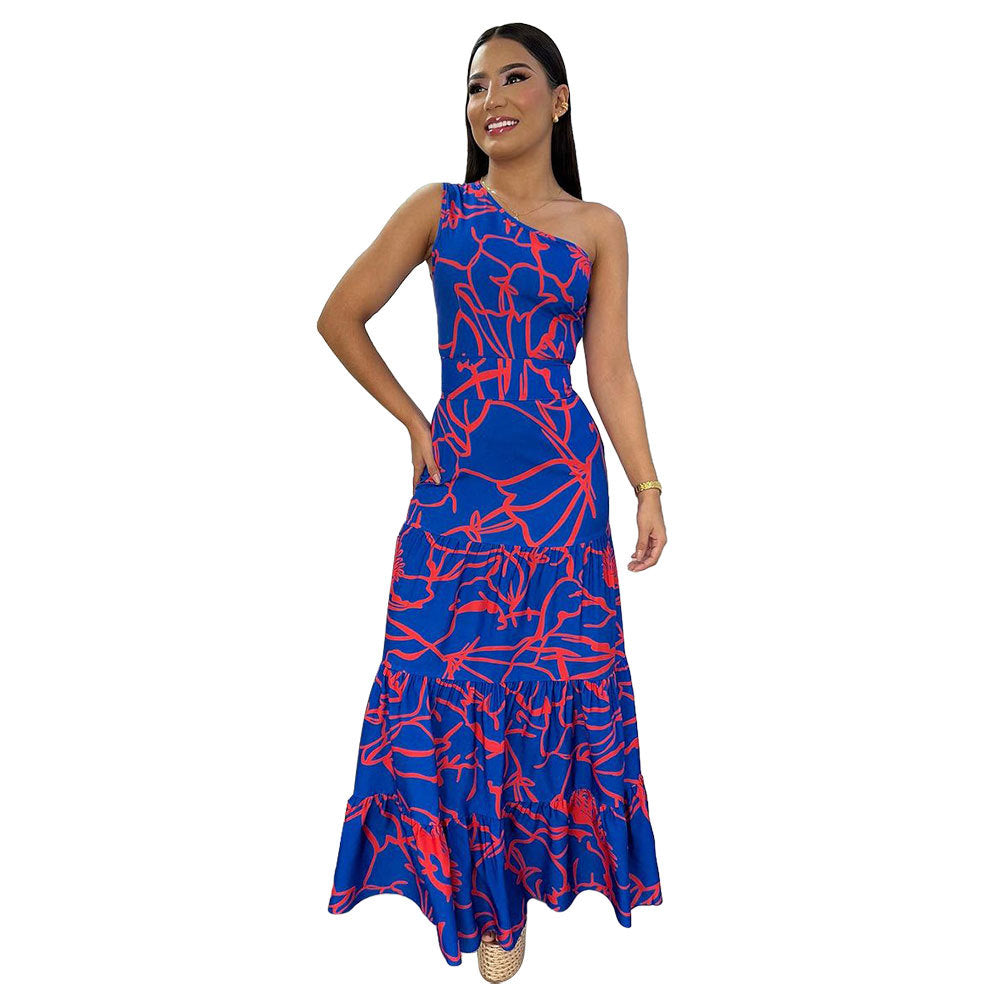 Sexy One Shoulder High Waist Wide Hem Printed Maxi Dress Women Dress