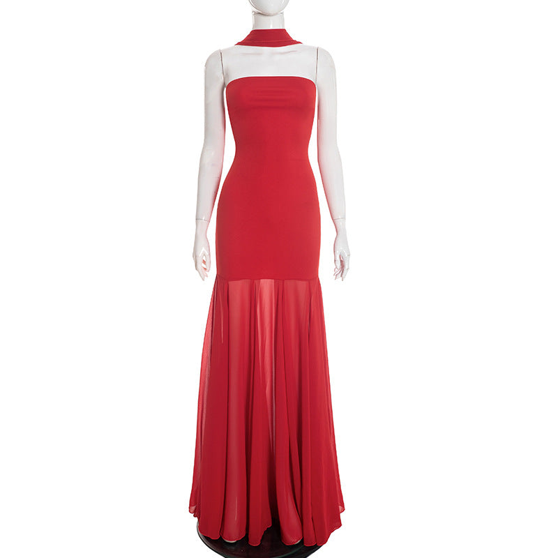 Women Clothing Autumn Winter Solid Color Elegant Sleeveless Chiffon Stitching Tube Top Ribbon Maxi Dress