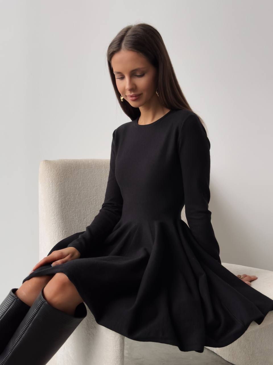 Round Neck Waist Trimming Knitted Dress Women All Match Advanced Pleated Woolen