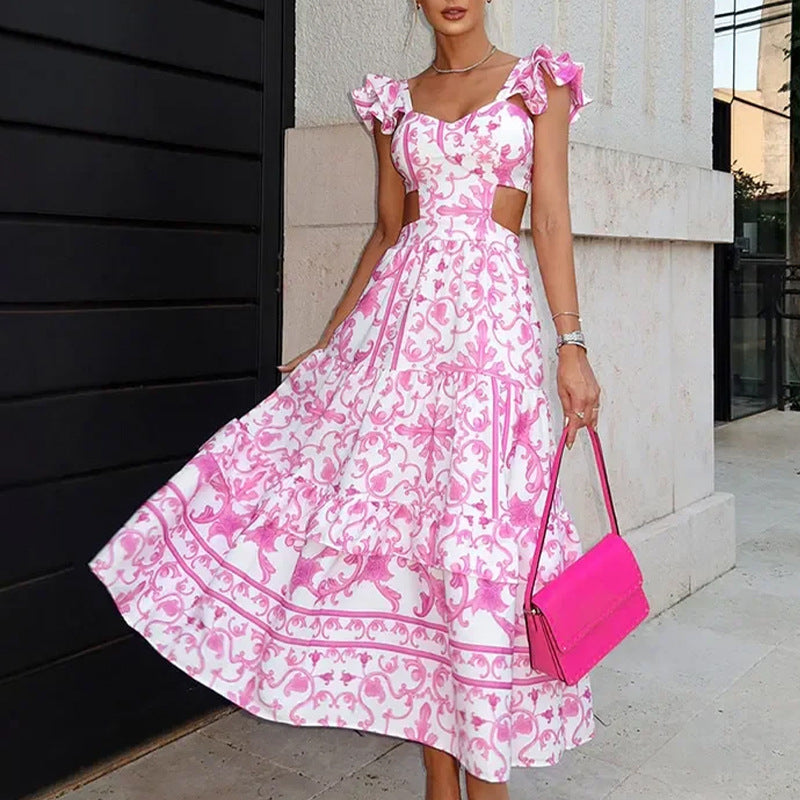 Women Clothing Elegant Padded Shoulder Flying Sleeves Printed Large Dress Maxi Dress