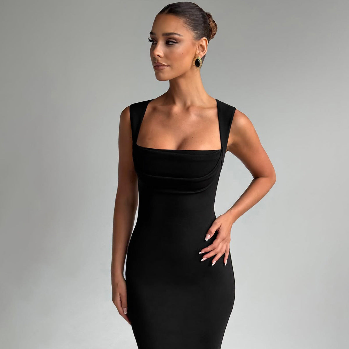 Women Clothing Spring Summer Slim Fit Square Collar Sleeveless Waist Slimming Dress