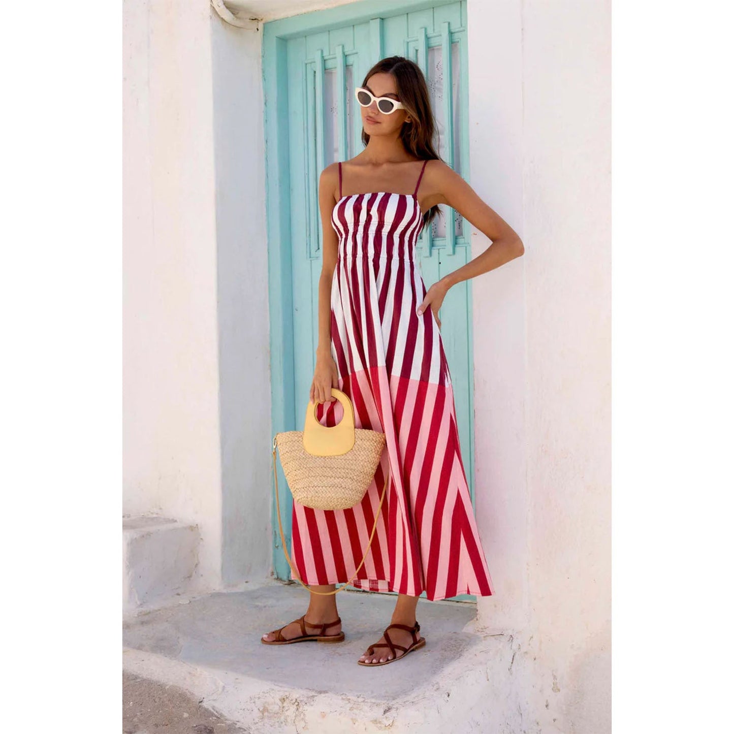 Spring Summer off Neck Striped Waist Trimming Printing Vacation Mid Length Dress