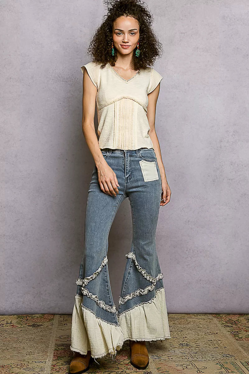 POL V-Neck Lightweight Textured Short Sleeve Knit Top with Lace Trim