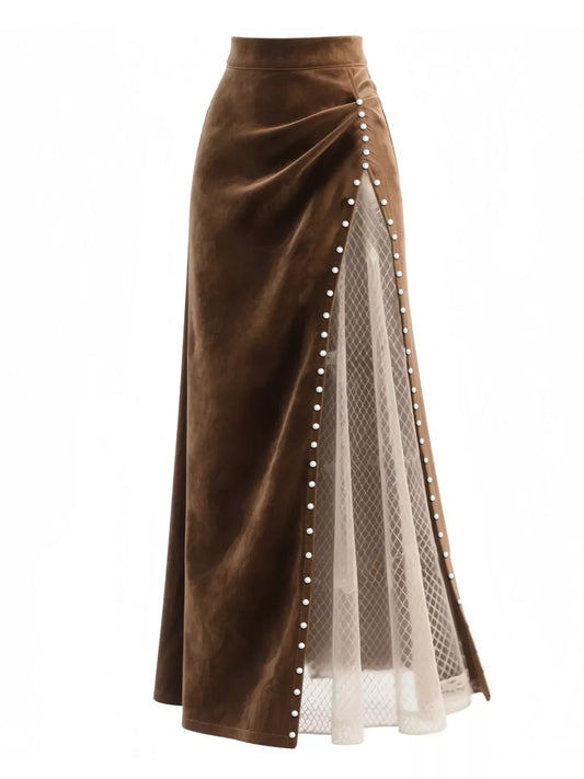 Pearl Trim Slit Maxi Skirt