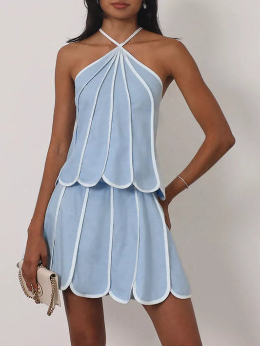 Contrast Trim Halter Neck Top and Skirt Set