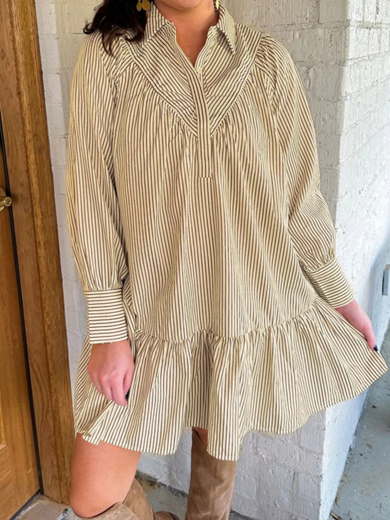 Stripe Collared Neck Cuffed Long Sleeve Drop Waist Mini Dress