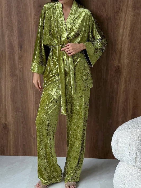 Velvet Tie Waist Top and Pants Set