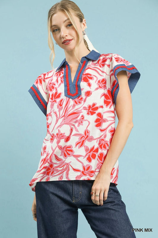 Umgee Floral Split Neck Top
