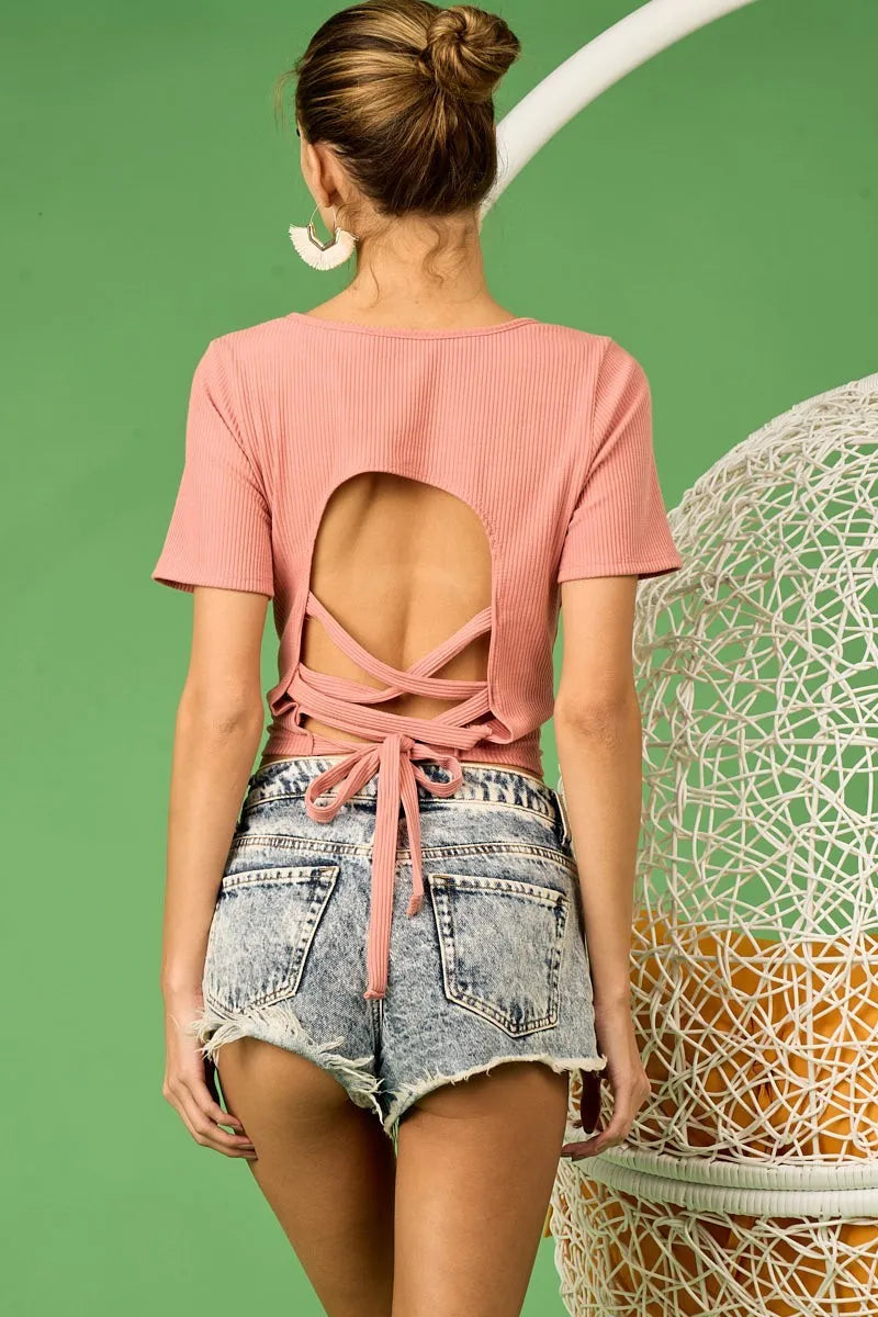 BiBi Rib Knit with Back Cross and Tied Detailed Top