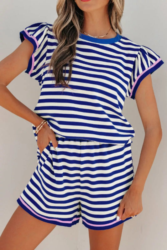 Striped Ruffle Sleeve Top and Shorts Set