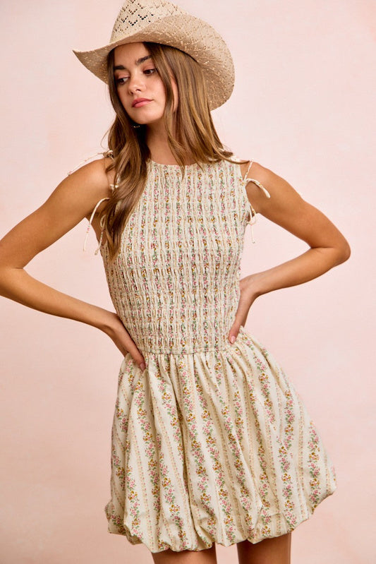 BiBi Floral Bow Tie Attachable Puff Sleeves Dress