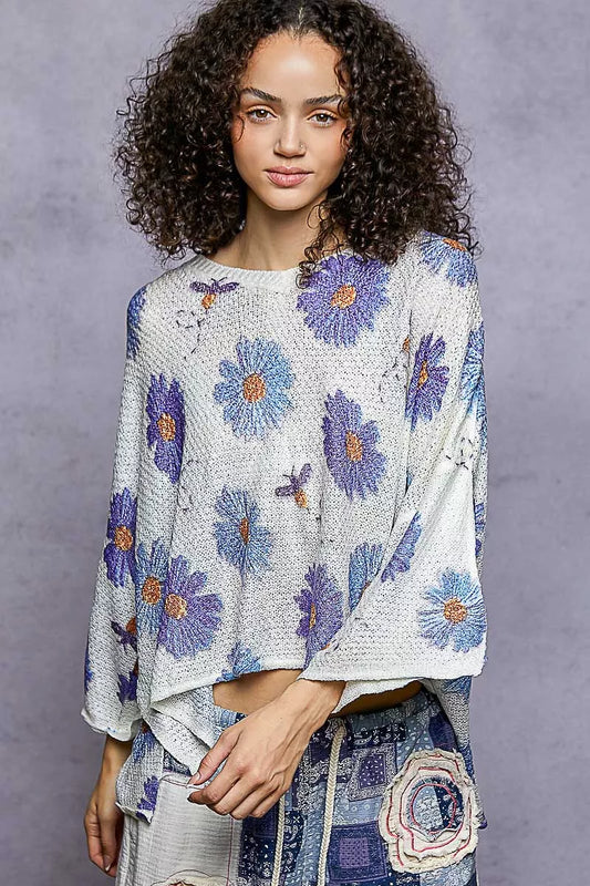 POL Floral Round Neck Rolling Edge Sweater