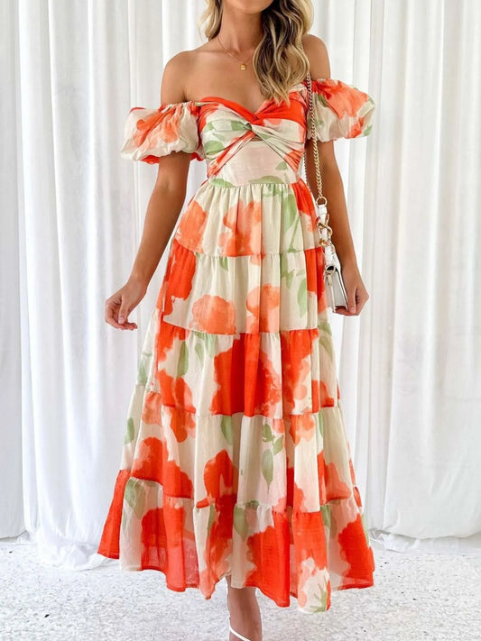 Off-Shoulder Floral Tiered Dress with Ruffle Details