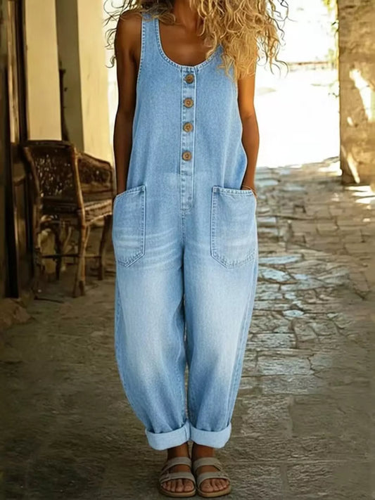 Full Size Button Detail Wide Strap Jumpsuit Plus Size