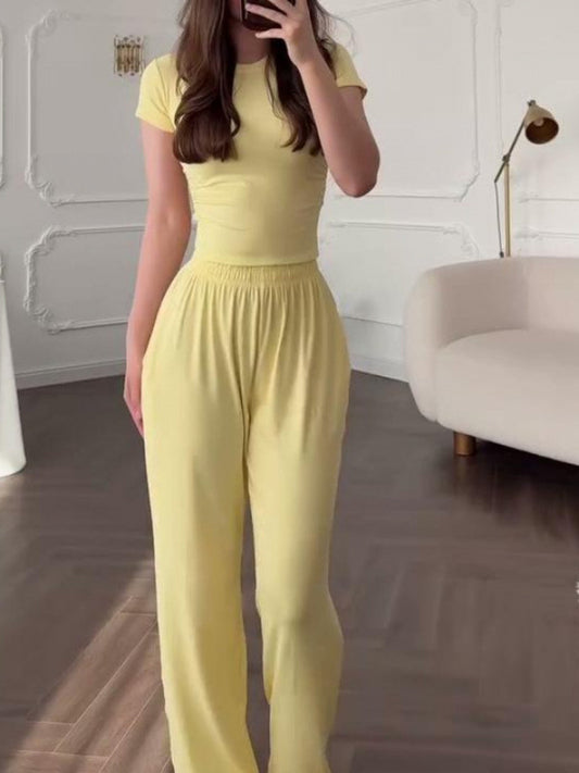 Full Size Round Neck Top and Wide Leg Pants Set Plus Size