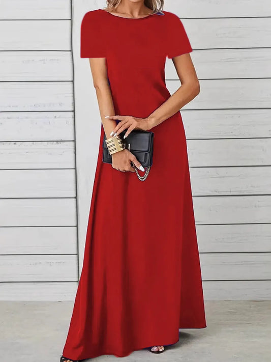 Full Size Round Neck Short Sleeve A-Line Maxi Dress Plus Size