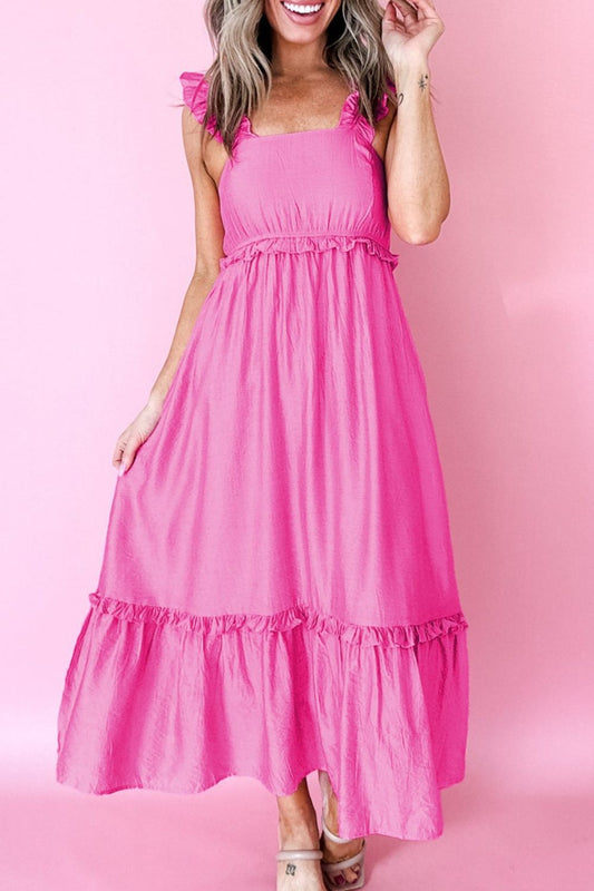 Solid Color Ruffle Trim High Waist Sleeveless Maxi Dress