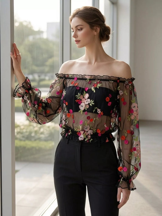Floral Embroidered Mesh Off-Shoulder Top