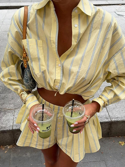 Striped Button Up Shirt and Shorts Set