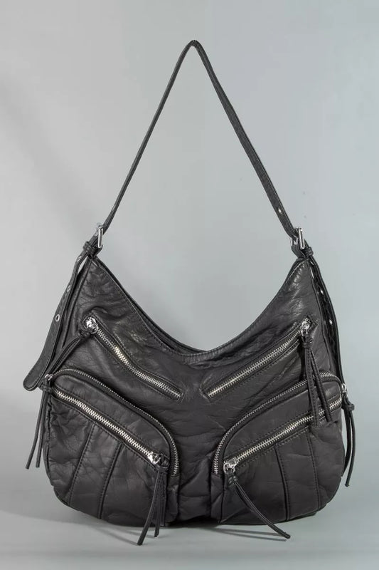 Fame Multi Zipper Pocket Leather Hobo Bag