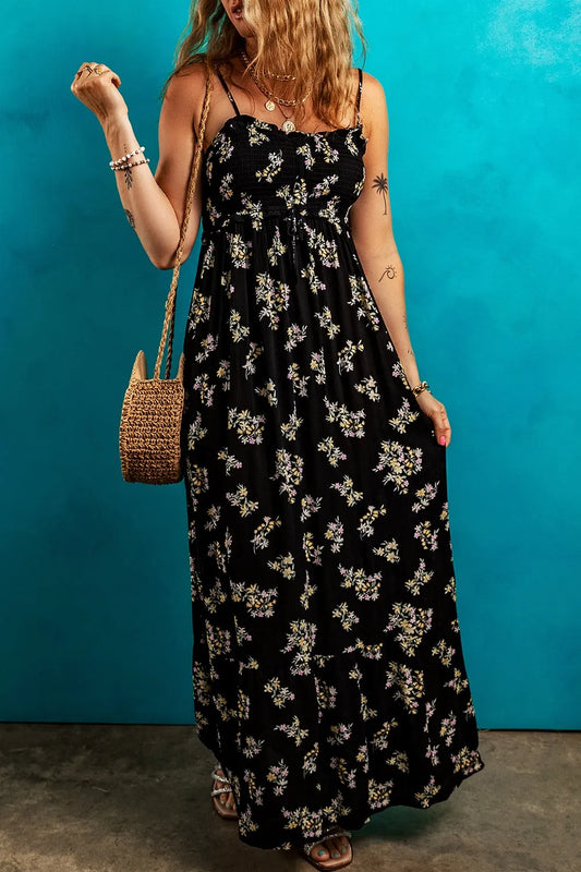 Floral Spaghetti Strap Shirred Bodice Tied Empire Waist Maxi Dress